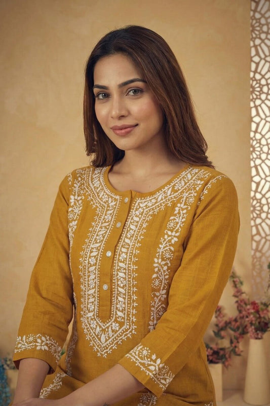 Mustard Zariya Hand Chikankari Cotton Slub Kurta Set