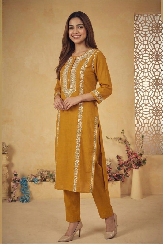 Mustard Zariya Hand Chikankari Cotton Slub Kurta Set