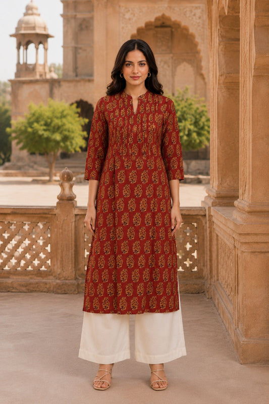 Red Hand Block Cotton Kurta