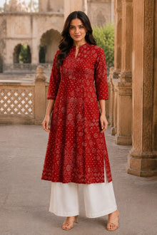 Red Hand Screen Print Pintuck Cotton Kurta