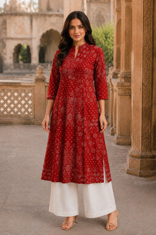 Red Hand Screen Print Pintuck Cotton Kurta