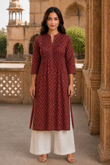 Maroon Hand Screen Print Pintuck Cotton Kurta