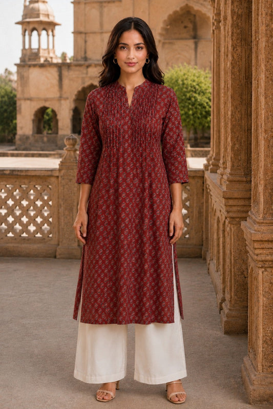 Maroon Hand Screen Print Pintuck Cotton Kurta