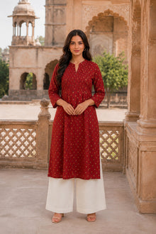 Red Buti Hand Screen Print Pintuck Cotton Kurta