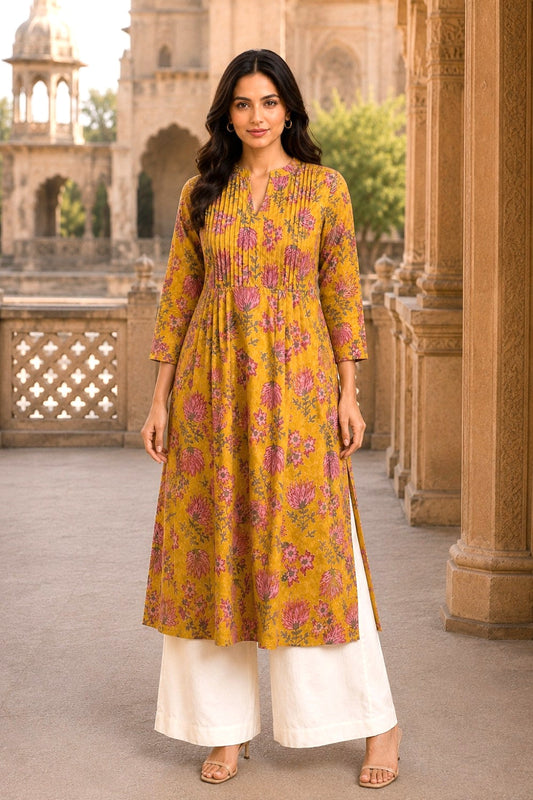 Yellow Hand Block Cotton Kurta