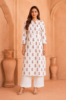 White Hand Block Cotton Kurta