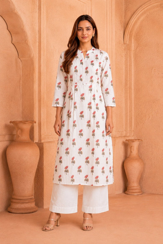 White Hand Block Cotton Kurta