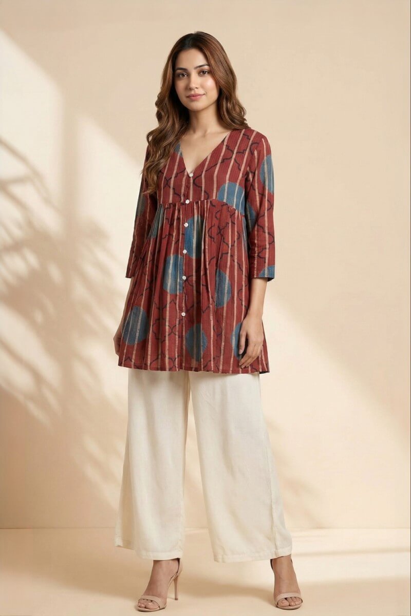 Red Whisper Ajrakh Dobby Top