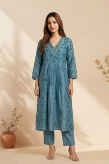 Azure Bloom Handcrafted Chanderi Co-ord Set