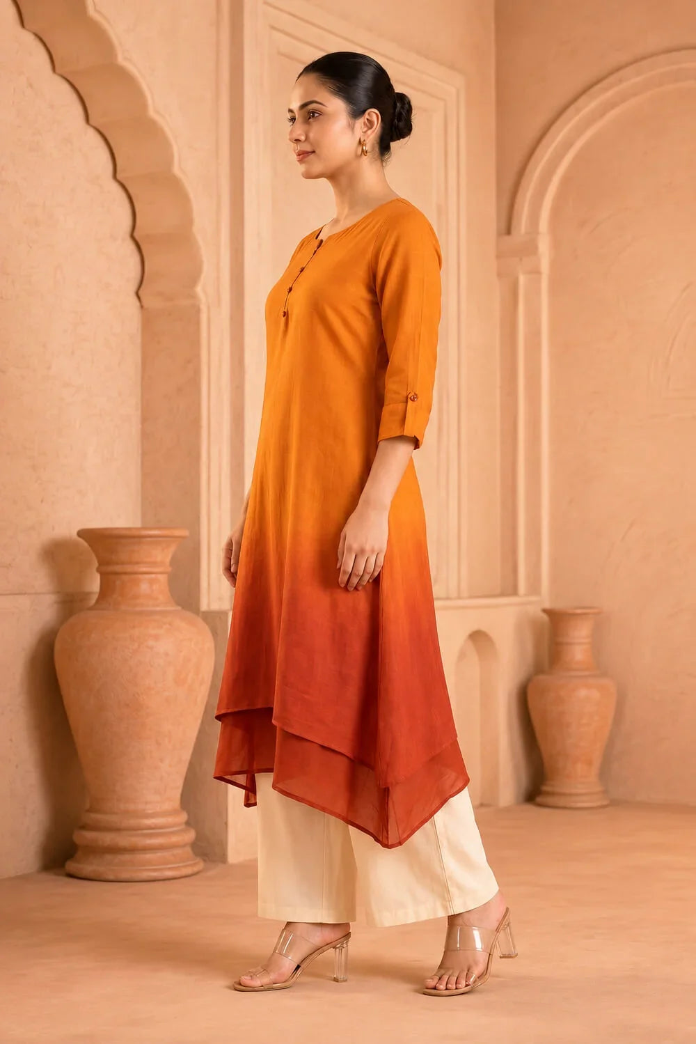 Saffron Ember Ombre Mulmul Layered Dress