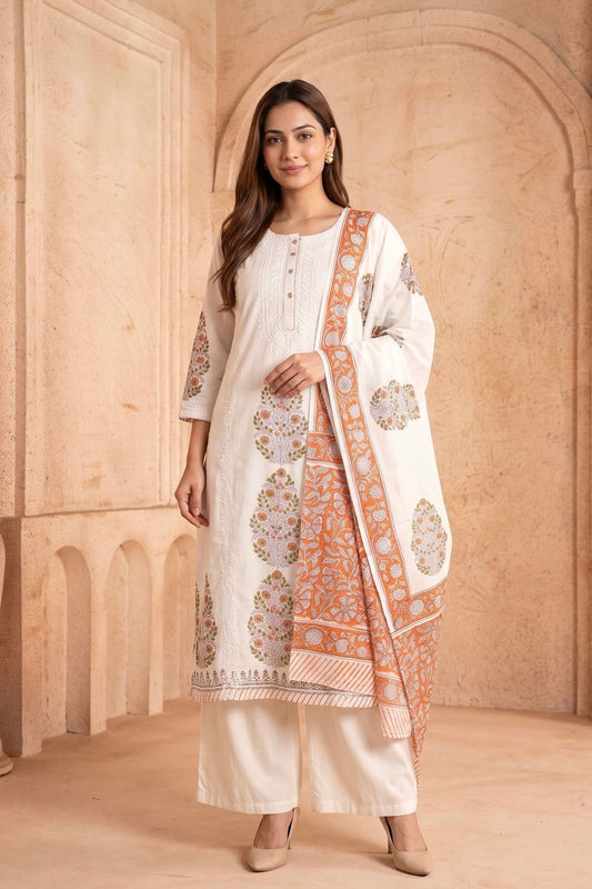 White & Peach Kurta & Dupatta Set with Hand Chikan Embroidery and Placement Block Print