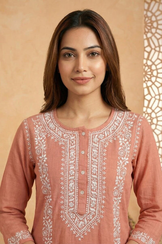 Peach Noor Hand Chikankari Cotton Slub Kurta Set
