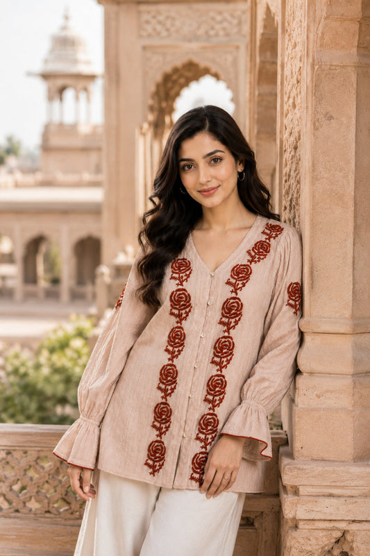 Gulnaar Rose Hand Chikankari Cotton Dobby Top