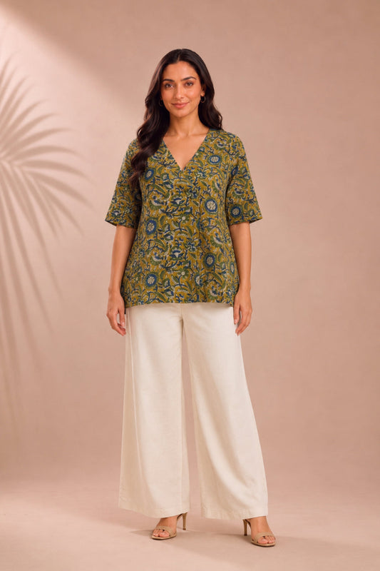 Mehfil Olive Hand Block Printed Cotton Top