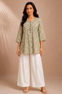 Meher Olive Hand Block Print Pintuck Top
