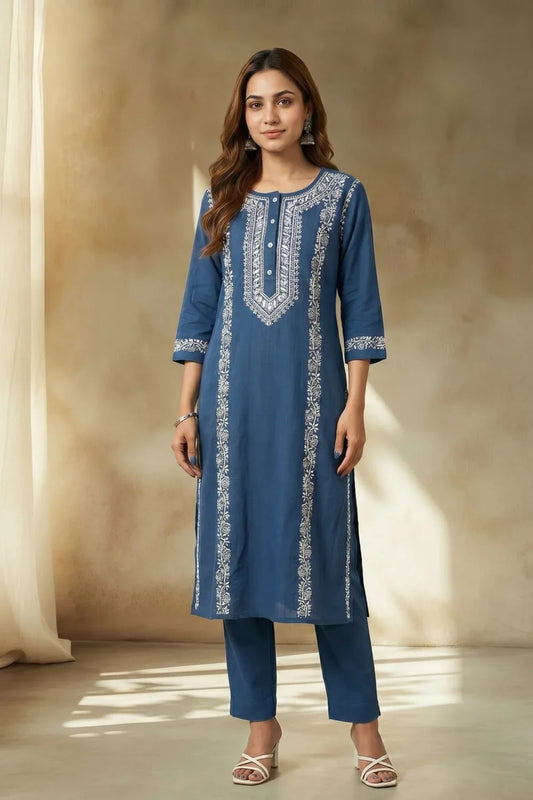 Azure Noor Chikankari Cotton Slub Set