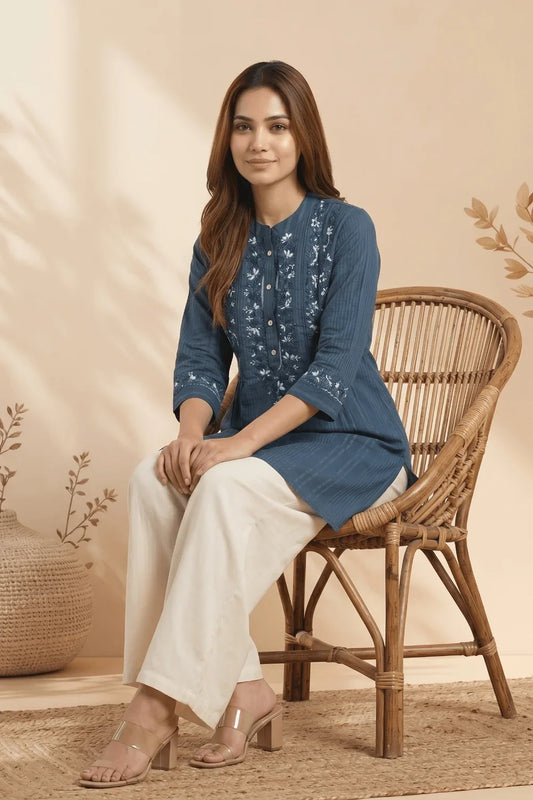 Indigo Mist Chikankari Cotton Top