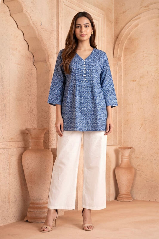 Neel Tara Pintuck Hand Block Printed Cotton Top