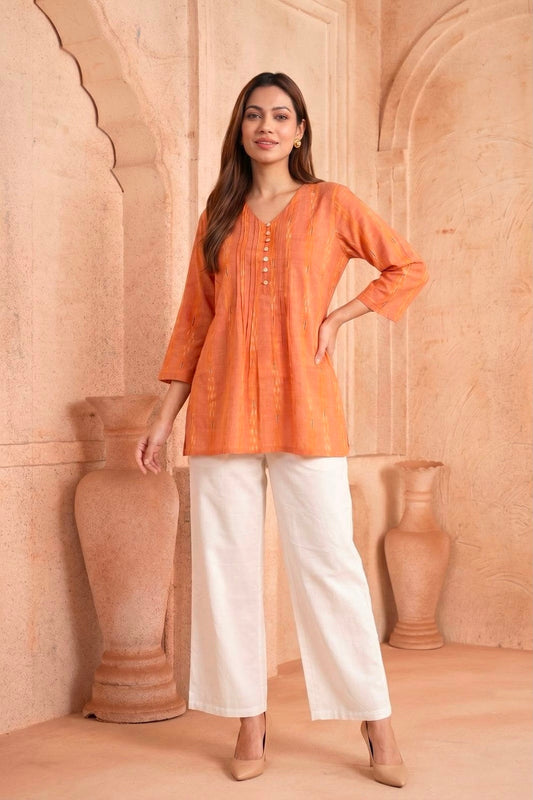 Kesariya Pintuck Hand Block Printed Cotton Top