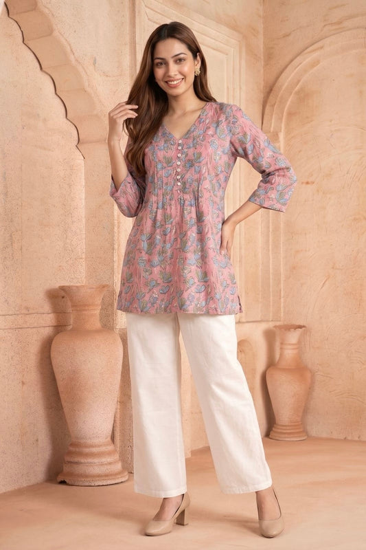 Gulabi Bahaar Pintuck Hand Block Printed Cotton Top