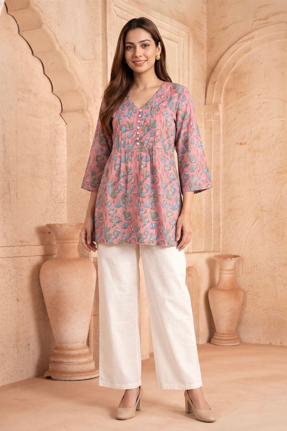 Gulabi Bahaar Pintuck Hand Block Printed Cotton Top