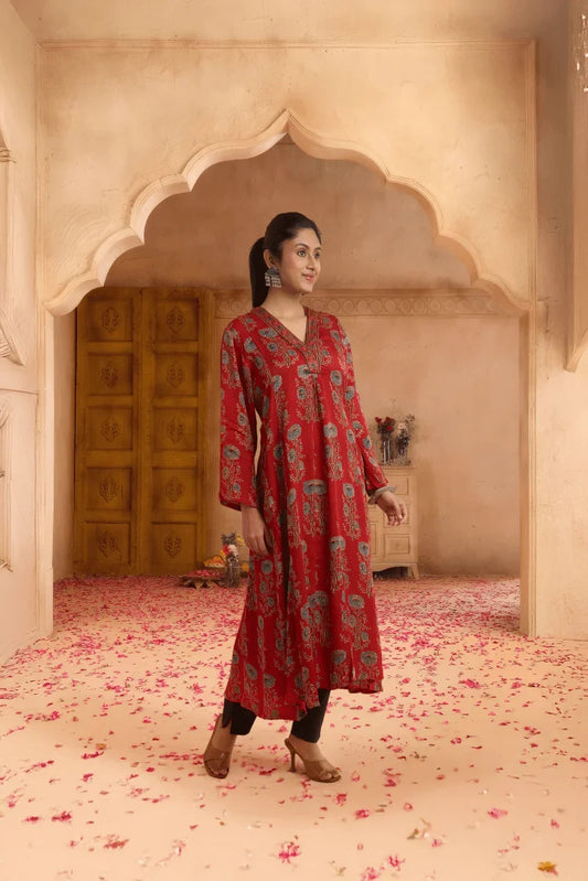 Rust Red Hand Ajrakh Print Kurta in Modal Satin