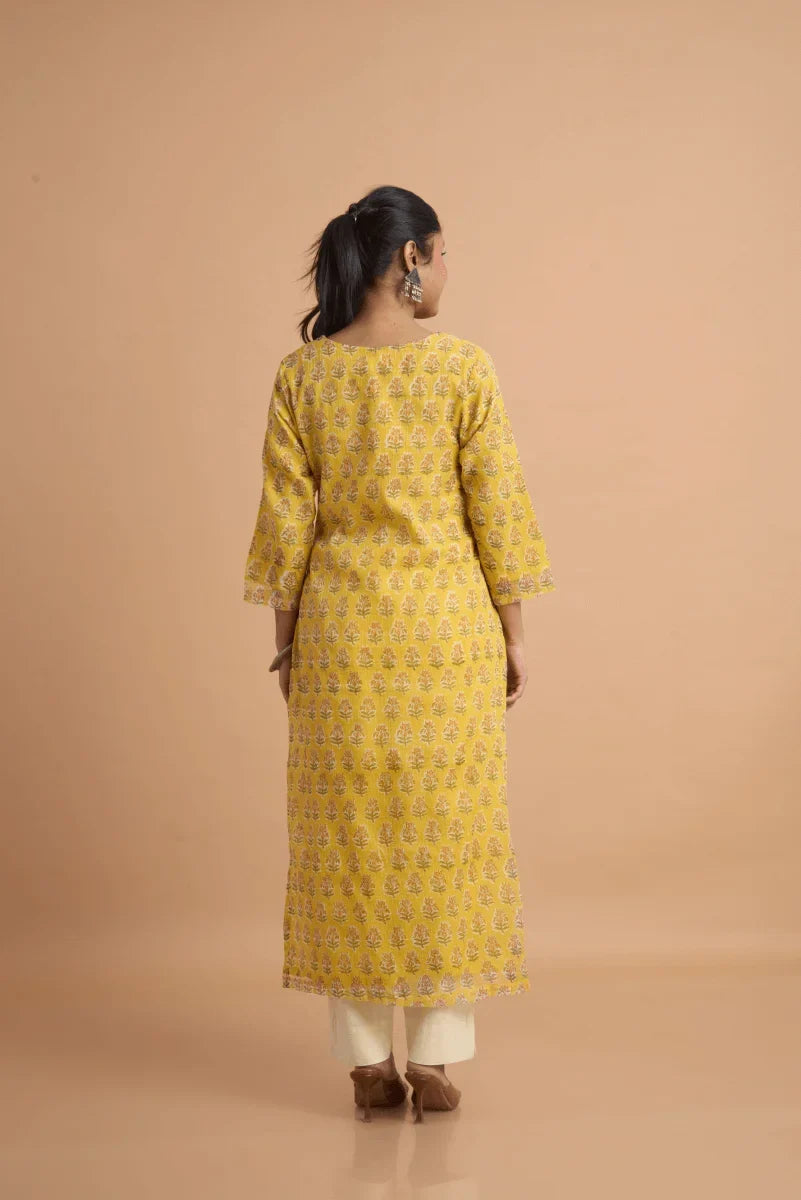 Mustard Yellow Kota Doriya Kurta with Adda Embroidery on Neckline