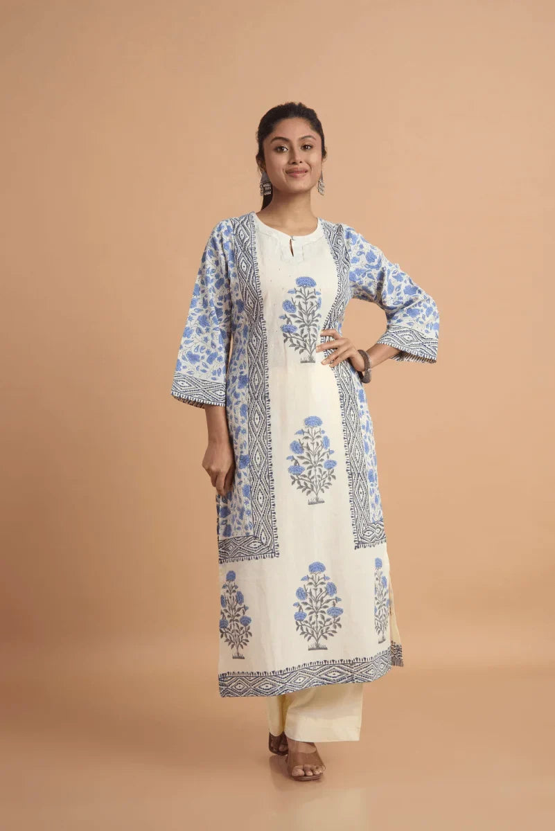Off White Hand Block Placement Print Suit Set with Adda Embroidery