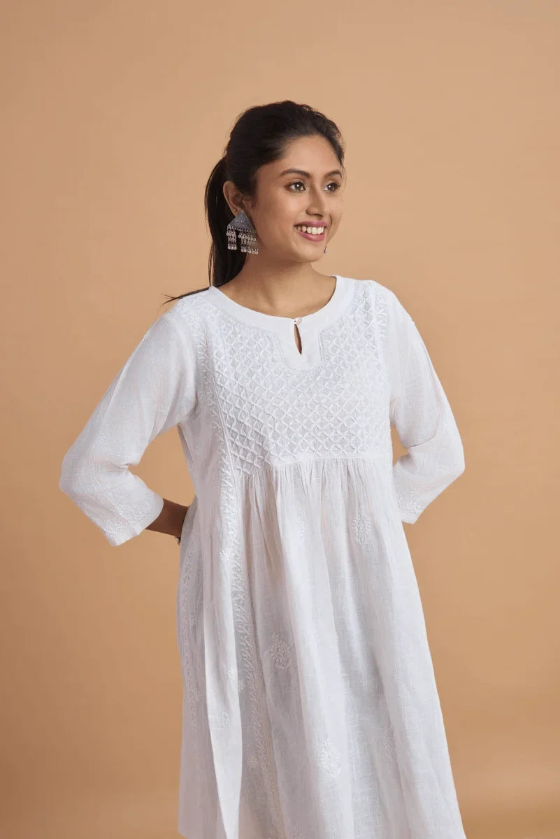 White Cotton Slub Kurta with Hand Chikan Embroidery