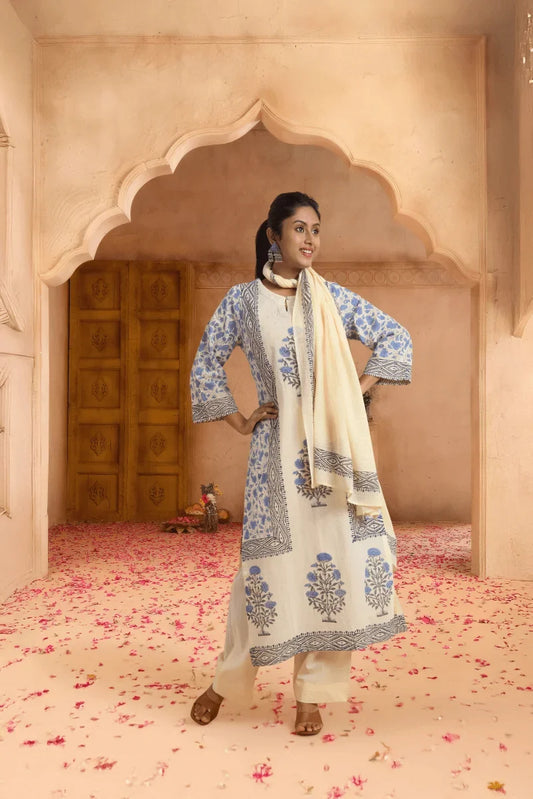 Off White Hand Block Placement Print Suit Set with Adda Embroidery