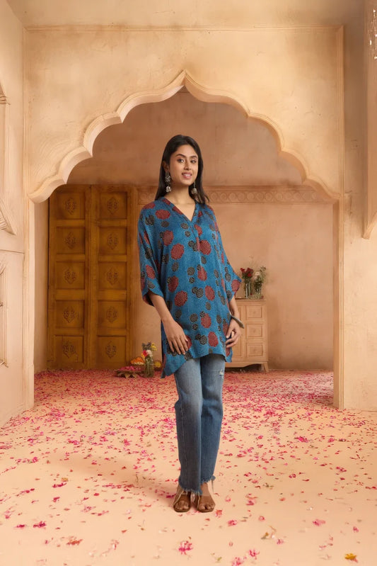 Azure Petal Ajrakh Modal Kaftan Top