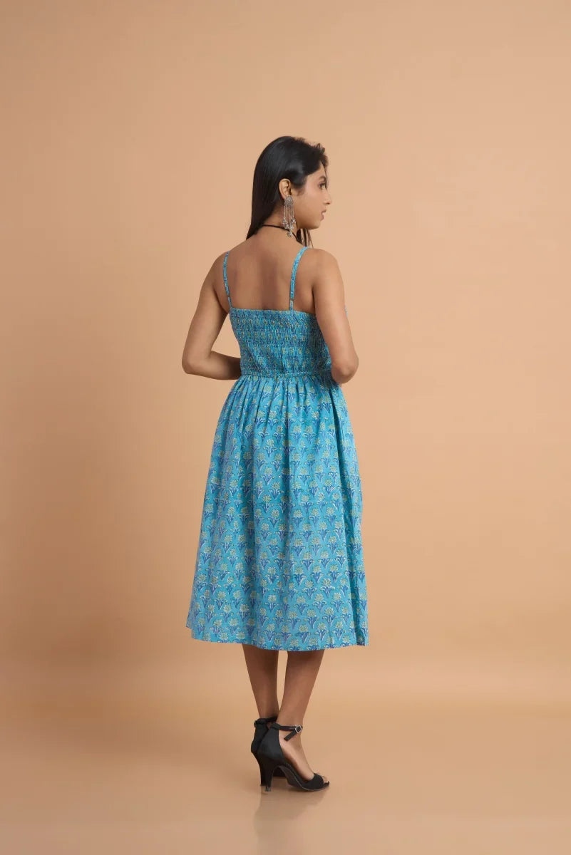Azure Bloom Hand Block Print Cotton Dress