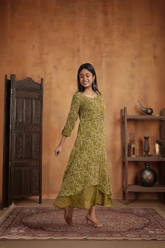 Olive Noor Hand Block Print Double-Layered Cotton Dress