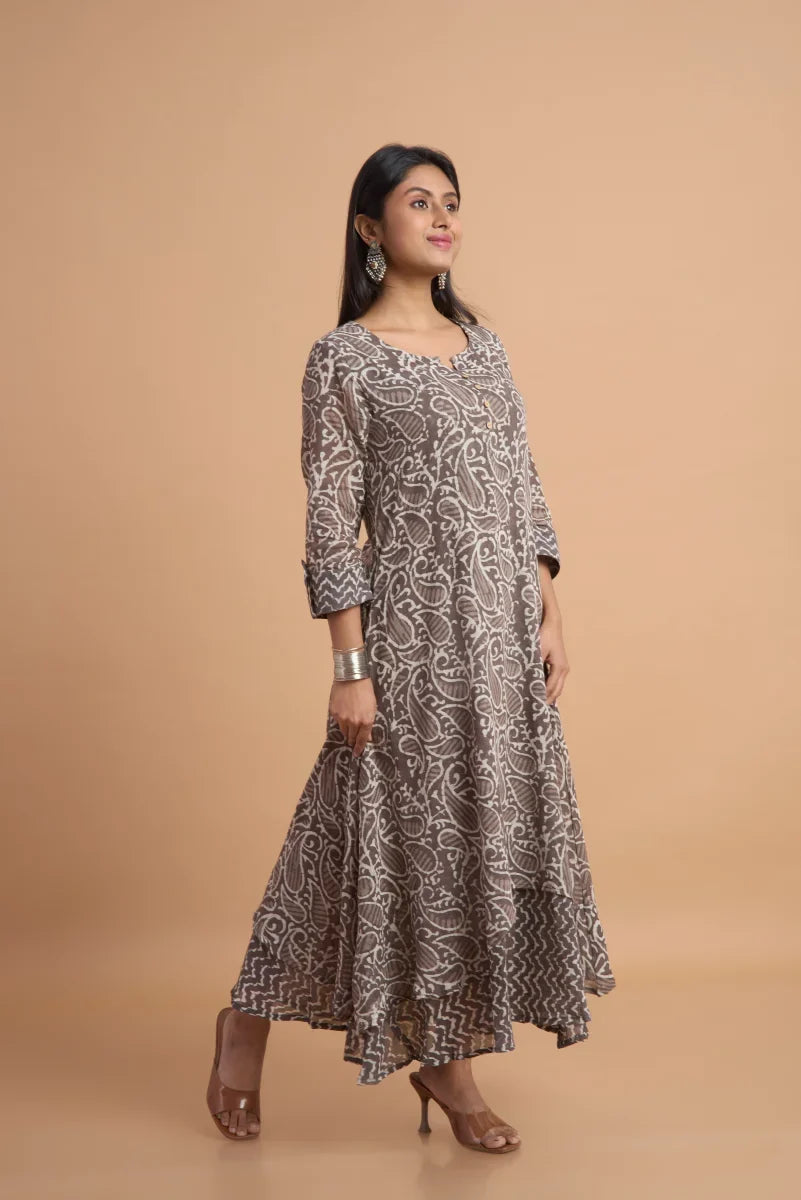 Kashish Double-Layered Hand Block Print Dress in Cotton Mull