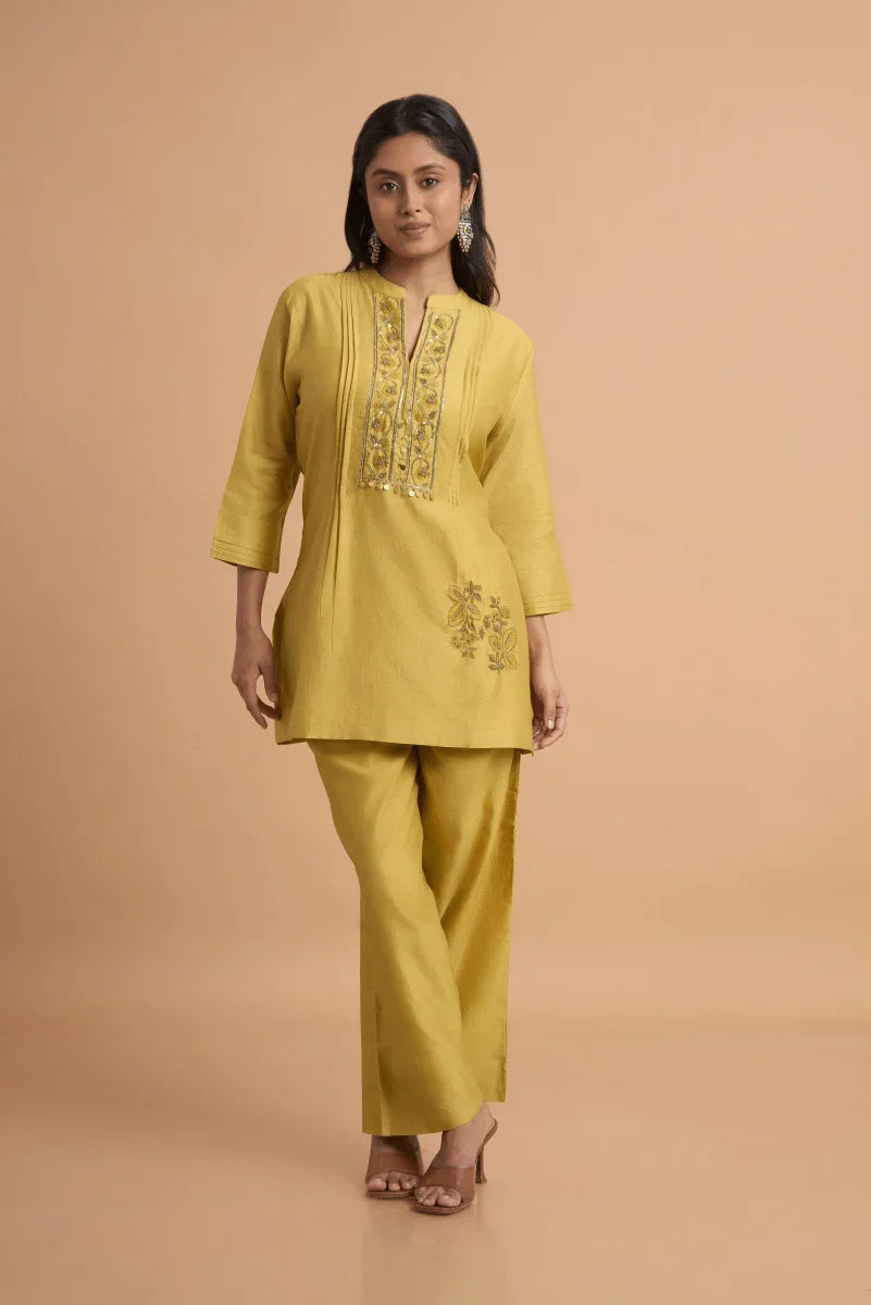 Golden Beige Chanderi Coord Set with Hand Block Placement Print & Adda Embroidery