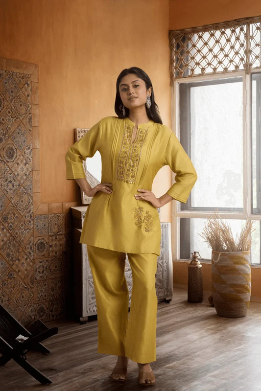 Golden Beige Chanderi Coord Set with Hand Block Placement Print & Adda Embroidery