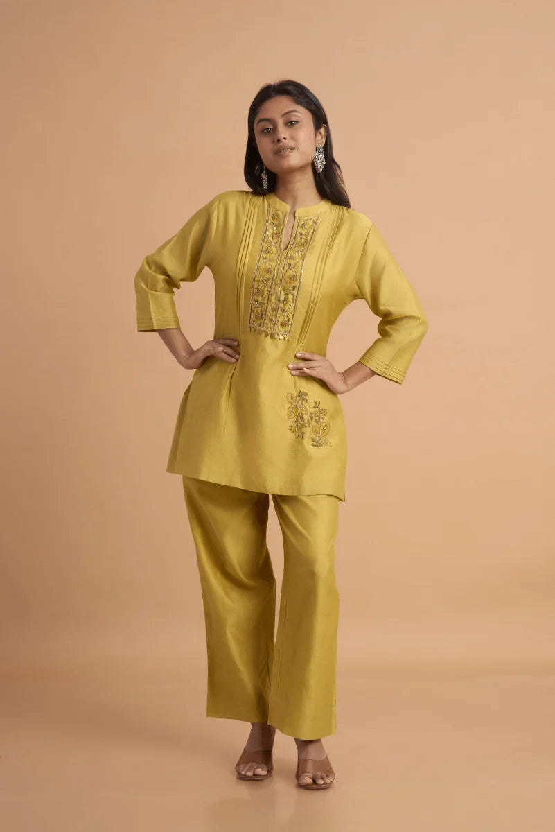 Golden Beige Chanderi Coord Set with Hand Block Placement Print & Adda Embroidery