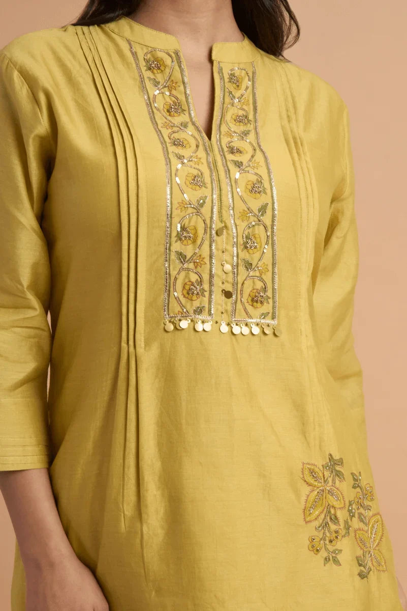 Golden Beige Chanderi Coord Set with Hand Block Placement Print & Adda Embroidery