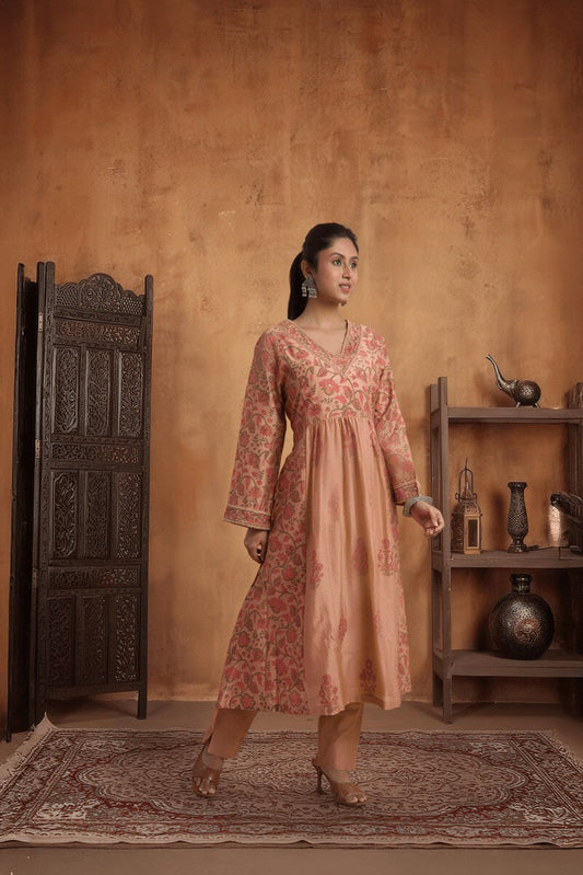 Rust Rose Chanderi Kurta Pant Set with Hand Block Print & Adda Embroidery